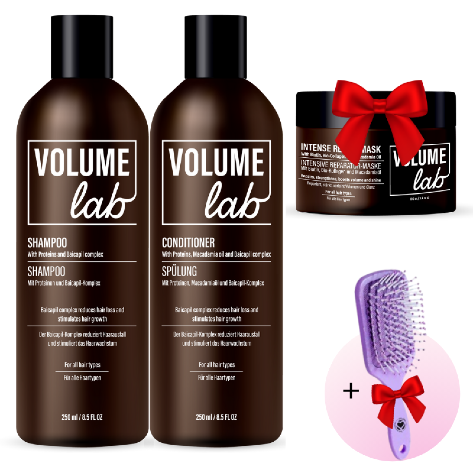 VOLUME LAB matu augšanu veicinošs komplekts: šampūns, kondicionieris, maska + dāvanā matu ķemme VOLUME LAB matu augšanu veicinošs komplekts: šampūns, kondicionieris, maska + dāvanā matu ķemme